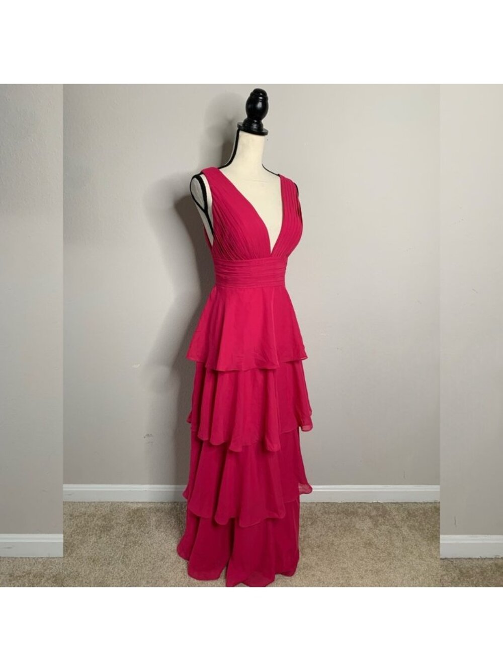 Fuchsia Pink Plunging V-Neck Tiered Chiffon Maxi Gown Sleeveless Formal Dress - Picture 3 of 14